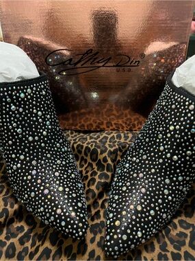 Cathy Din Black Crystal Embellished Pointed Toe Mules